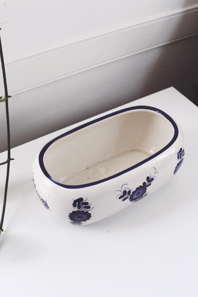 Vintage Double Planter Pot - Oval Blue and White Floral Porcelain Ceramic