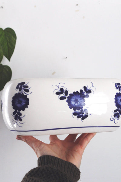 Vintage Double Planter Pot - Oval Blue and White Floral Porcelain Ceramic