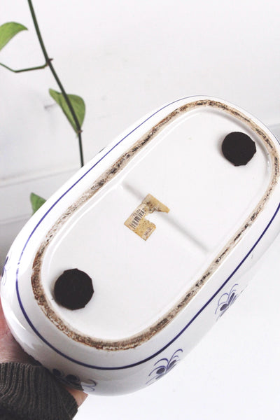 Vintage Double Planter Pot - Oval Blue and White Floral Porcelain Ceramic