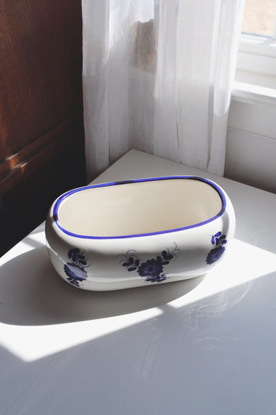 Vintage Double Planter Pot - Oval Blue and White Floral Porcelain Ceramic