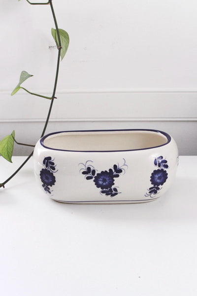 Vintage Double Planter Pot - Oval Blue and White Floral Porcelain Ceramic