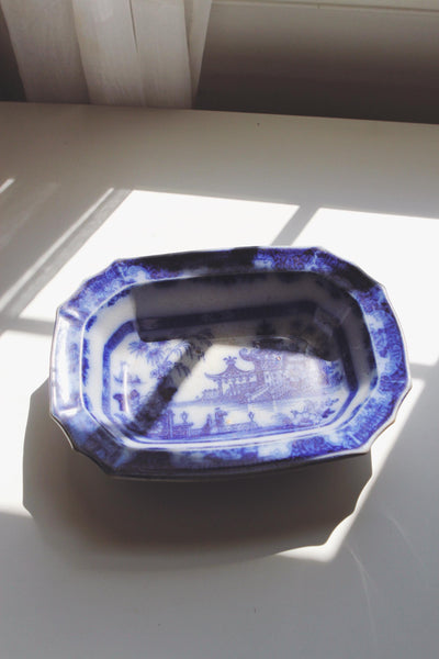 Antique Flow Blue Transferware Ironstone Platter - Oriental Landscape - Staffordshire, Phillips & Son, Lahore, Burslem