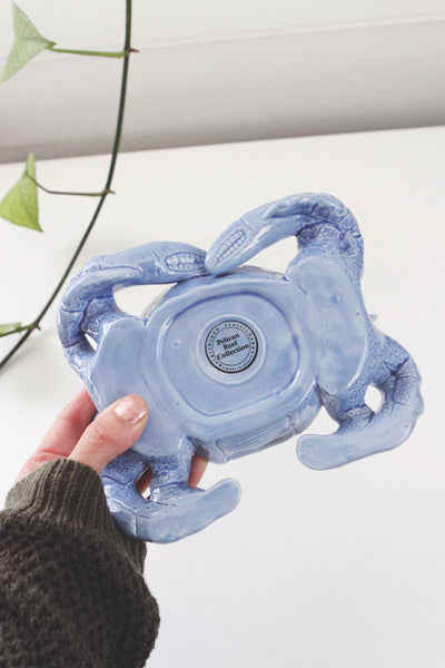 Vintage Blue Ceramic Crab Trinket Dish, Serving Bowl, Planter