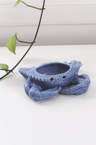 Vintage Blue Ceramic Crab Trinket Dish, Serving Bowl, Planter