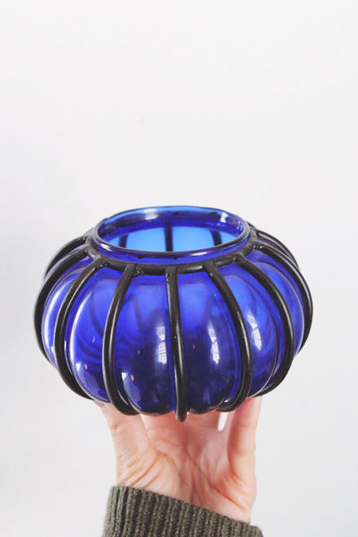 Vintage Cobalt Blue Glass Vase Lantern - Hand Blown, Wrought Iron Cage - Mid Century Modern, Murano Style