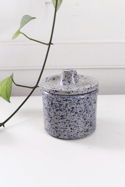 Vintage Stoneware Pottery Crock - Blue Speckled Spatterware Glaze - Farmhouse Decor