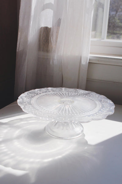 Vintage Pedestal Cake Stand - Vines Pattern, Scallop Edge - Clear Pressed Glass