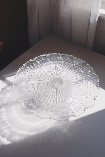 Vintage Pedestal Cake Stand - Vines Pattern, Scallop Edge - Clear Pressed Glass