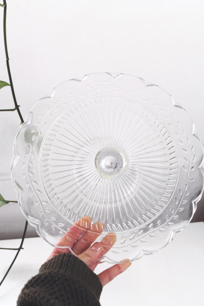 Vintage Pedestal Cake Stand - Vines Pattern, Scallop Edge - Clear Pressed Glass