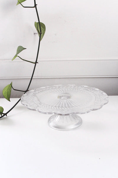 Vintage Pedestal Cake Stand - Vines Pattern, Scallop Edge - Clear Pressed Glass