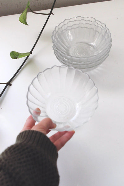 Vintage Glass Flower Bowl - Scalloped Petaled Design, Frosted Glass