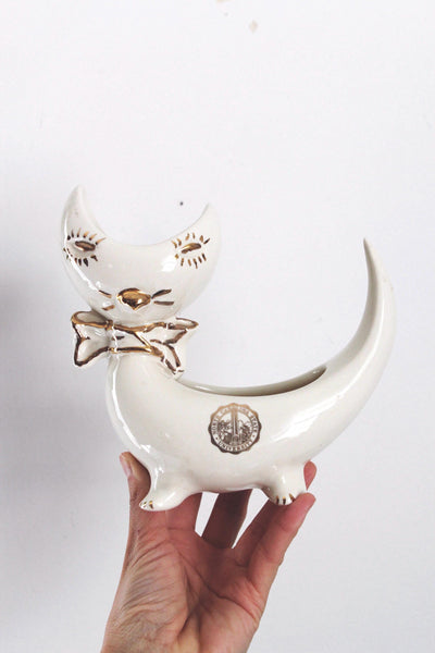 Vintage Mid Century Ceramic Cat Planter Cachepot Trinket Holder - North Carolina State University, 50s 60s