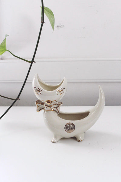 Vintage Mid Century Ceramic Cat Planter Cachepot Trinket Holder - North Carolina State University, 50s 60s