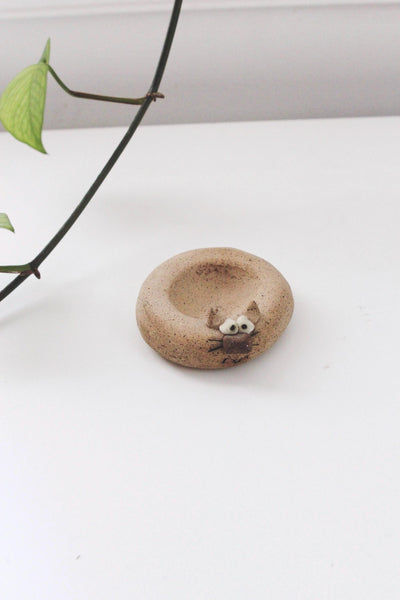 Vintage Ceramic Cat Figurine Incense Holder Burner - Hand Carved Clay - Ring Trinket Dish
