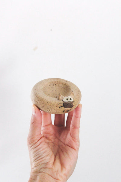 Vintage Ceramic Cat Figurine Incense Holder Burner - Hand Carved Clay - Ring Trinket Dish