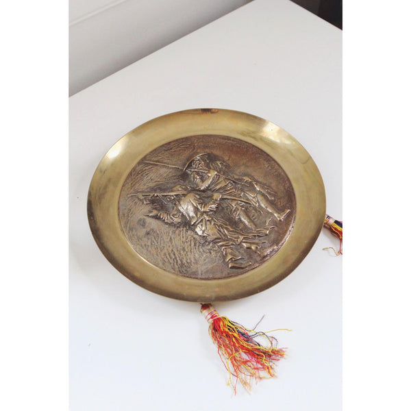 Vintage Korean Brass Repoussé Wall Hanging Plate Relief - Fisherman Scene, Tassels