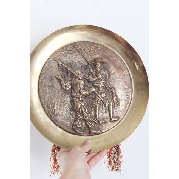 Vintage Korean Brass Repoussé Wall Hanging Plate Relief - Fisherman Scene, Tassels