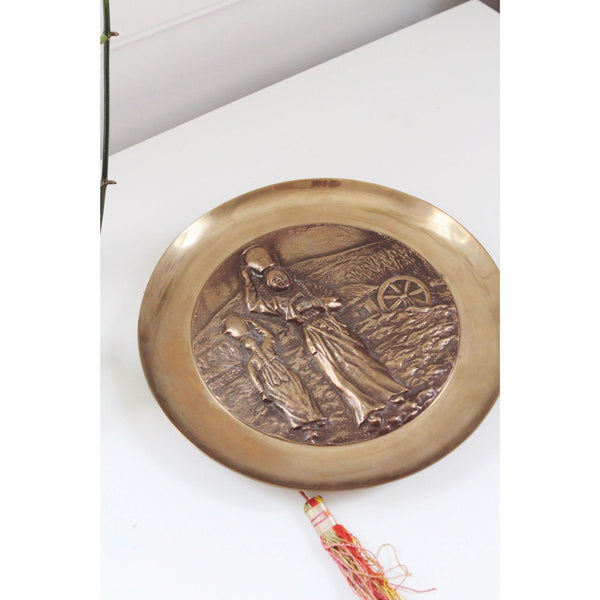 Vintage Korean Brass Wall Hanging Plate - Relief Women Rural Village Scene, Tassels