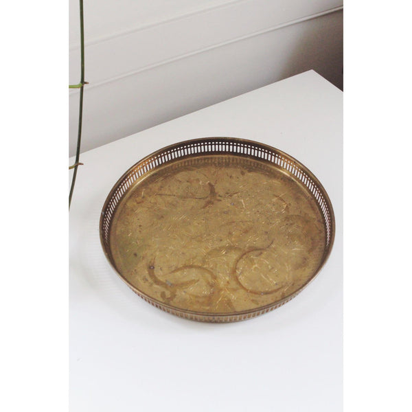 Vintage Brass Tray - Round Pierced Edge & Floral Engraved Design - Serving Tray