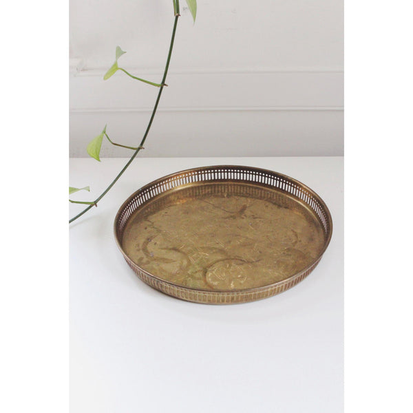 Vintage Brass Tray - Round Pierced Edge & Floral Engraved Design - Serving Tray