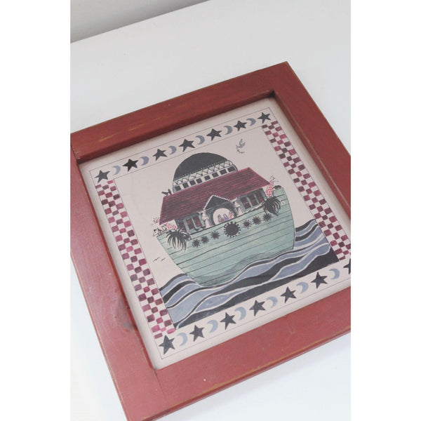 Vintage Noahs Ark Framed Folk Art Wall Decor - Red Wooden Frame - Cottagecore, Farmhouse