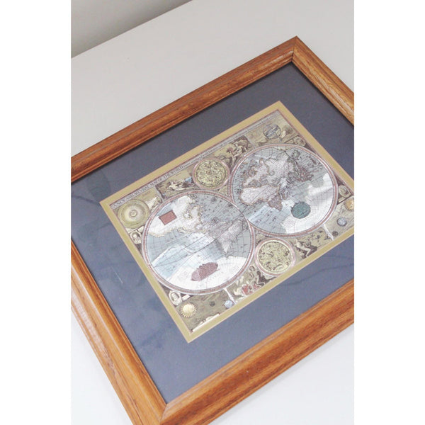 Vintage Framed 17th-Century World Map Reproduction - Wood Frame, Gold Foil Accents