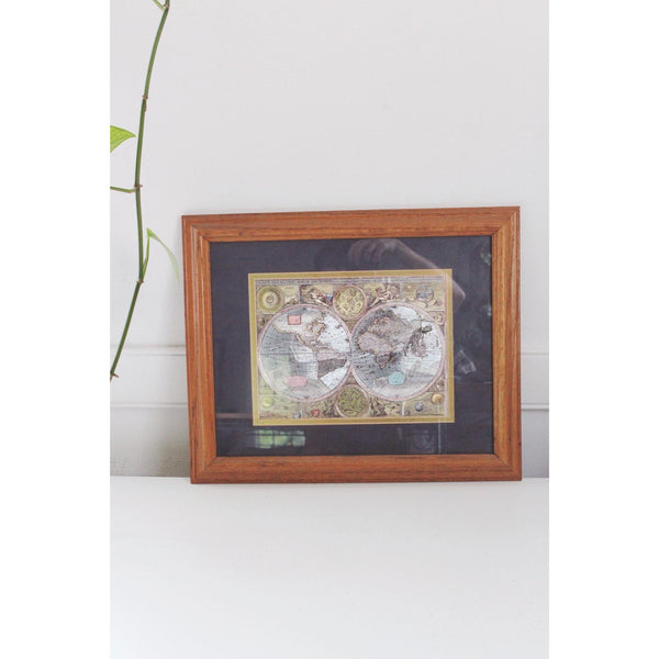 Vintage Framed 17th-Century World Map Reproduction - Wood Frame, Gold Foil Accents