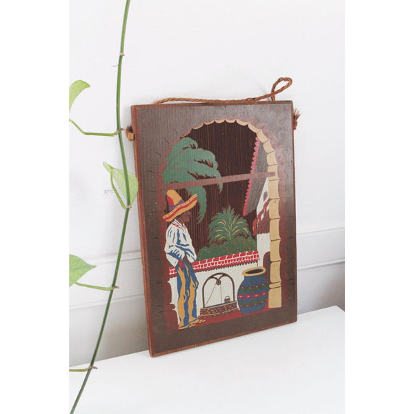 Vintage Hand-Carved Hand Painted California Spanish Mission Revival Redwood Plaque Painting