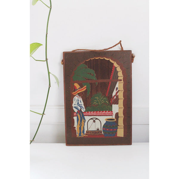 Vintage Hand-Carved Hand Painted California Spanish Mission Revival Redwood Plaque Painting