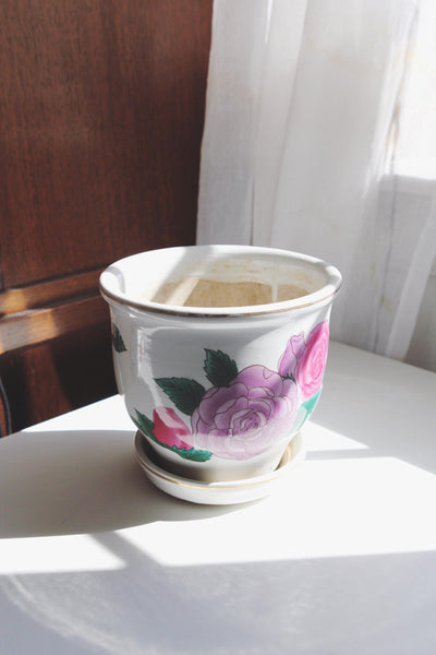 Vintage Planter Pot - Octagonal Chinoiserie Floral Blue and White Porcelain