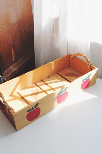 Vintage Wooden Crate Box with Painted Apples - 90s Cottagecore, Farmhouse Decor
