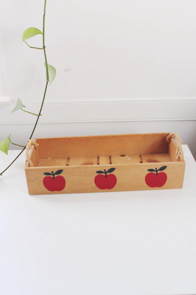 Vintage Wooden Crate Box with Painted Apples - 90s Cottagecore, Farmhouse Decor