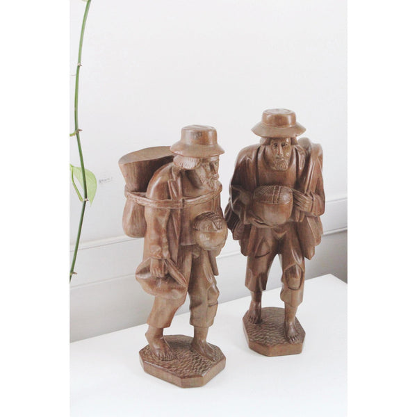 Vintage Hand-Carved Wooden Traveling Men Figurines - Vagabond Rustic Sculptures