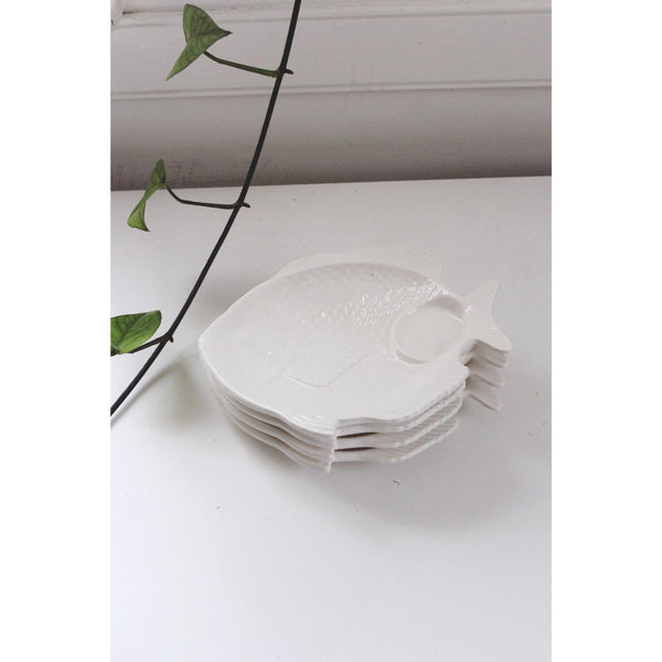 Set Of 4 Vintage Fish Plates - White Ceramic Textured Design - Coastal Decor, 1970s