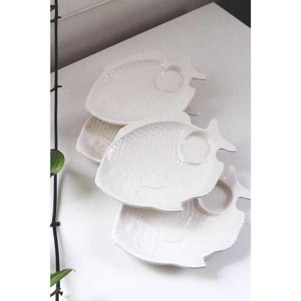 Set Of 4 Vintage Fish Plates - White Ceramic Textured Design - Coastal Decor, 1970s
