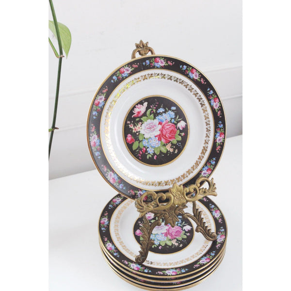 Vintage Floral Porcelain Salad Plates With Gold Trim - Set Of 8 - Black Pink & Blue Rose Design, Bavaria