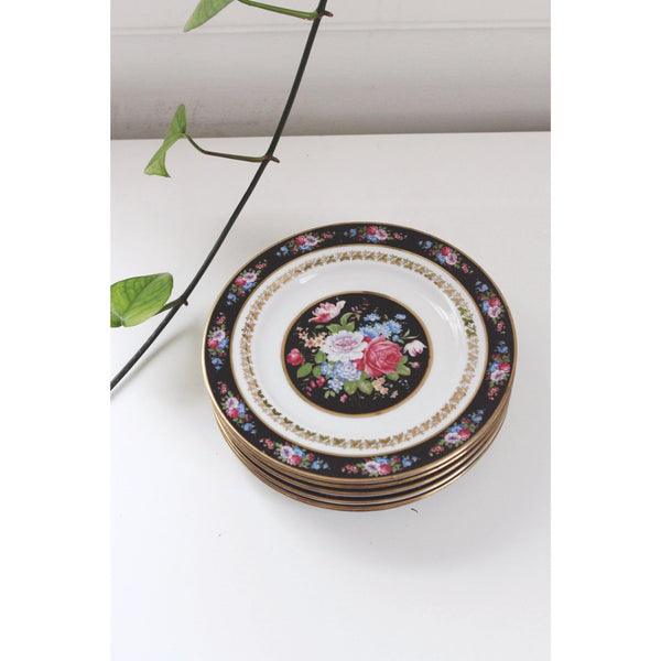 Vintage Floral Porcelain Salad Plates With Gold Trim - Set Of 8 - Black Pink & Blue Rose Design, Bavaria