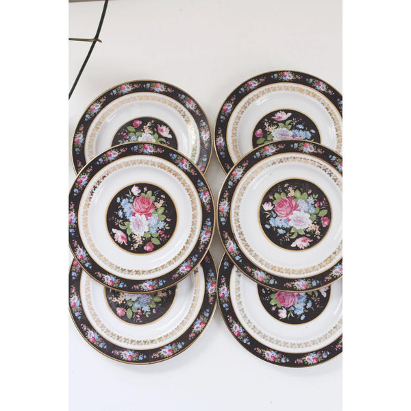 Vintage Floral Porcelain Salad Plates With Gold Trim - Set Of 8 - Black Pink & Blue Rose Design, Bavaria