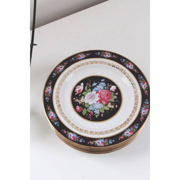Vintage Floral Porcelain Salad Plates With Gold Trim - Set Of 8 - Black Pink & Blue Rose Design, Bavaria