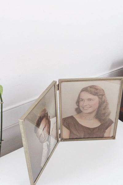 Vintage Gold Metal Bi-fold Picture Frame 8x10 - Vintage Photograph Couple