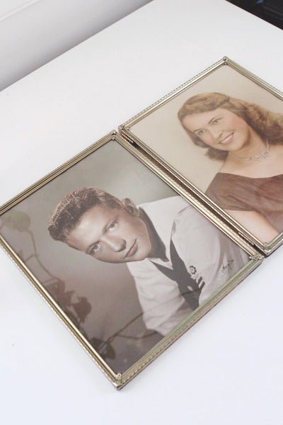 Vintage Gold Metal Bi-fold Picture Frame 8x10 - Vintage Photograph Couple