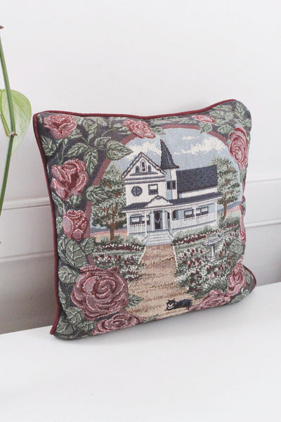 Vintage Tapestry Throw Pillow - Country House, Floral, Cat - Cottagecore Decor