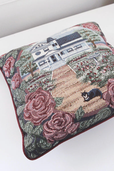 Vintage Tapestry Throw Pillow - Country House, Floral, Cat - Cottagecore Decor