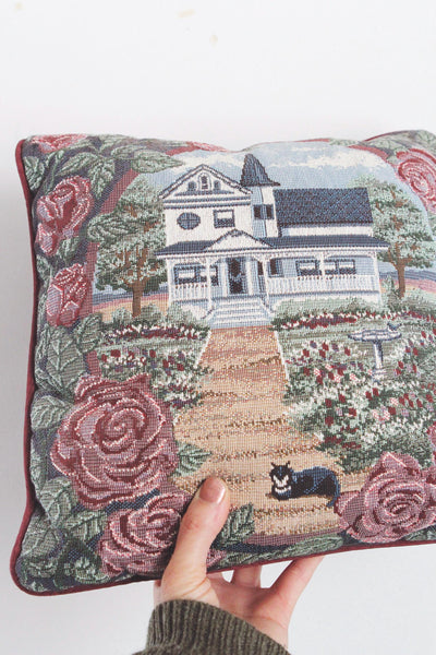 Vintage Tapestry Throw Pillow - Country House, Floral, Cat - Cottagecore Decor