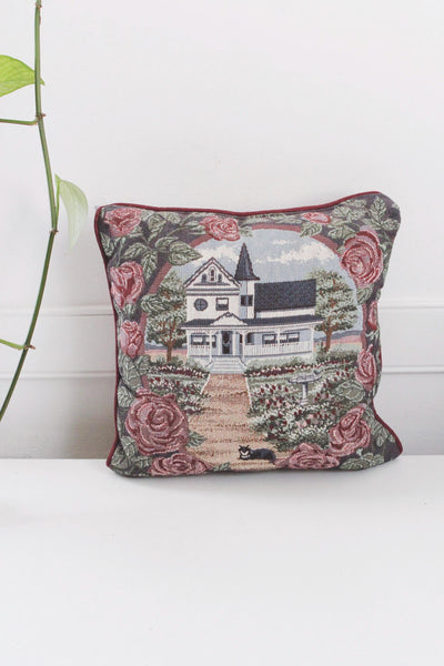 Vintage Tapestry Throw Pillow - Country House, Floral, Cat - Cottagecore Decor