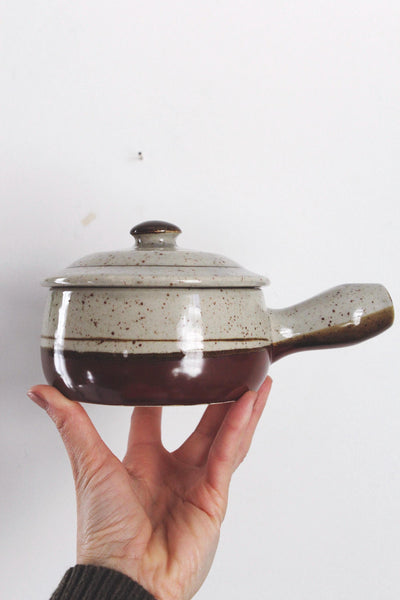 Vintage Soup Bowl Crock - Stoneware Pottery, Speckled, Lidded, Handle - French Onion Soup