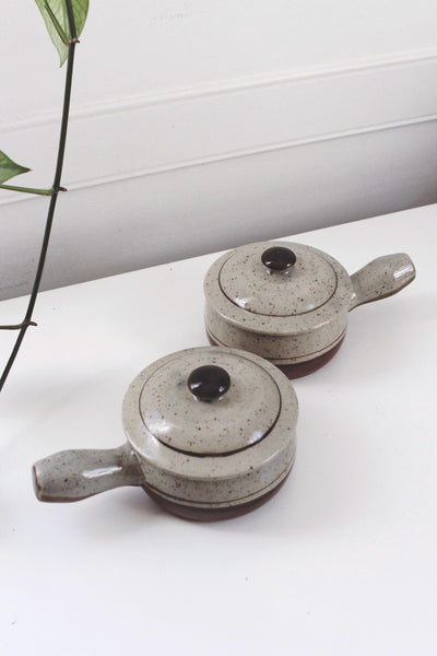 Vintage Soup Bowl Crock - Stoneware Pottery, Speckled, Lidded, Handle - French Onion Soup
