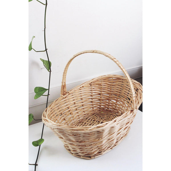 Vintage Handwoven Wicker Basket With Handle - Rustic Farmhouse Cottagecore