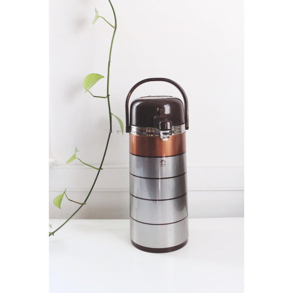 Vintage Peacock Vacuum Airpot - Japan Stainless Steel Coffee Thermos - Copper Accents, Handle