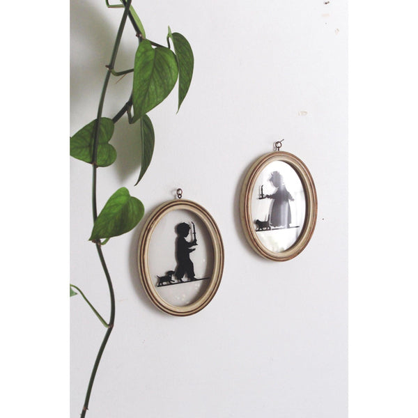 Vintage Paper Cut Silhouette Wall Art - Wooden Oval Frames Set of 2 - Black and White, Children, Victorian Style